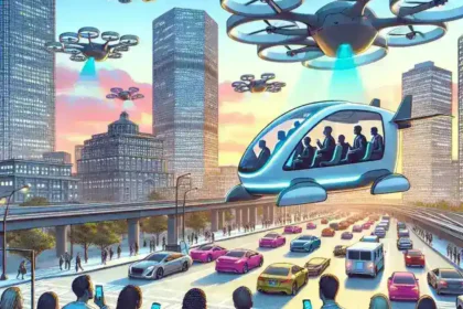 "Boston-based startup team working on AI-powered air taxis, showcasing innovative technology for urban commuting solutions, with aerial cityscape in the background."