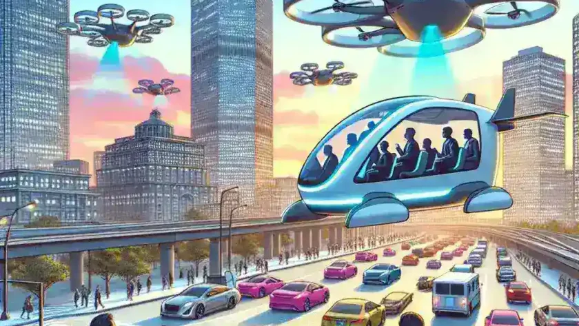 "Boston-based startup team working on AI-powered air taxis, showcasing innovative technology for urban commuting solutions, with aerial cityscape in the background."