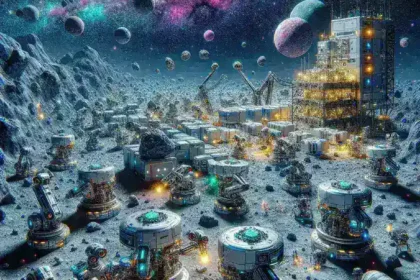 "AI robotic swarms assembling a futuristic asteroid mining outpost in space, showcasing advanced technology and automated construction techniques."