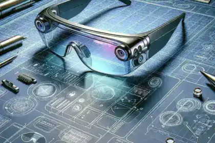 "Samsung AR glasses prototype displayed on a table, showcasing sleek design and advanced technology features, as the company prepares for a 2026 launch."