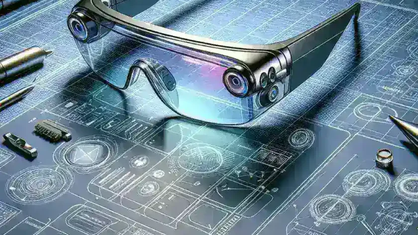 "Samsung AR glasses prototype displayed on a table, showcasing sleek design and advanced technology features, as the company prepares for a 2026 launch."