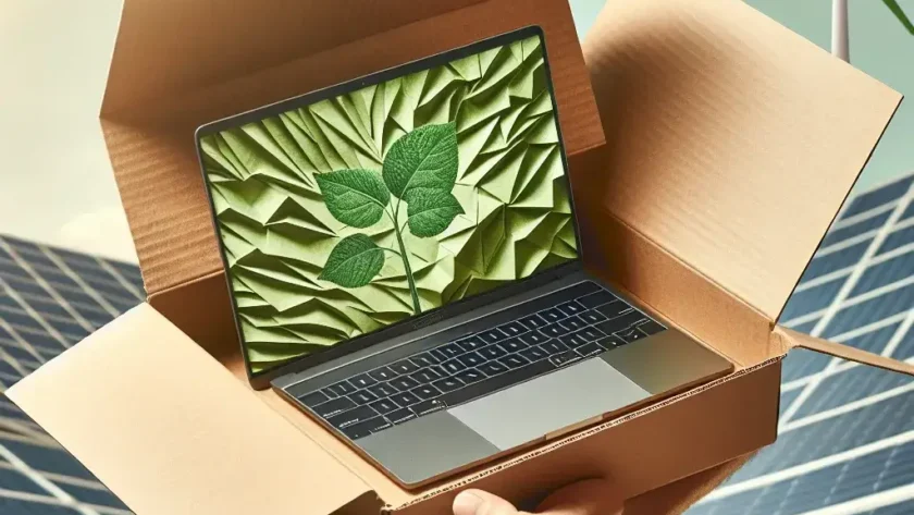 "Image of Dell's new carbon-neutral packaging design for U.S. consumer laptops, showcasing environmentally friendly materials and branding, highlighting Dell's commitment to sustainability."